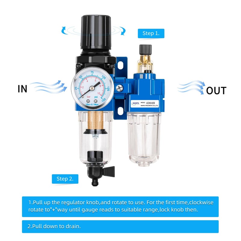 NANPU 1/4" NPT Compressed Air Filter Regulator Lubricator Combo, Water/Oil Trap Separator - Gauge(0-150 psi), Poly Bowl, Manual Drain, Bracket - AC2010-02M - Image 2